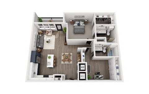 A top-down view of a small apartment with a kitchen, living room, and bedroom.